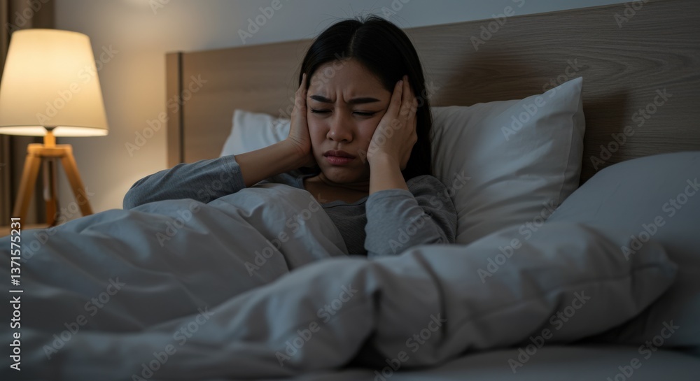 Fototapeta premium A young Asian woman in a dimly lit bedroom, visibly distressed and covering her ears while lying under blankets, represents a struggle with anxiety and sleeplessness.