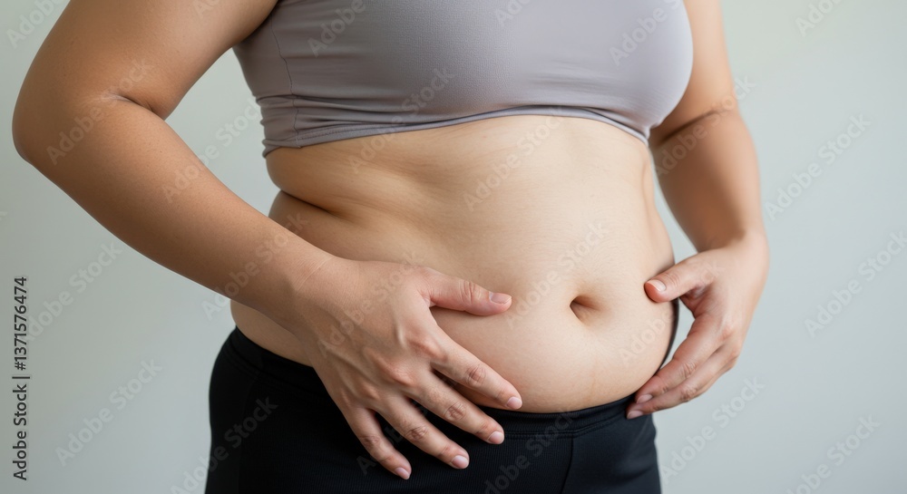 A close-up of a woman's midsection, showcasing her stomach, revealing a healthy yet round belly. She is standing and appears to be assessing her body positively, in a bright indoor setting. A close-up of a woman's midsection, showcasing her stomach, revealing a healthy yet round belly. She is standing and appears to be assessing her body positively, in a bright indoor setting.