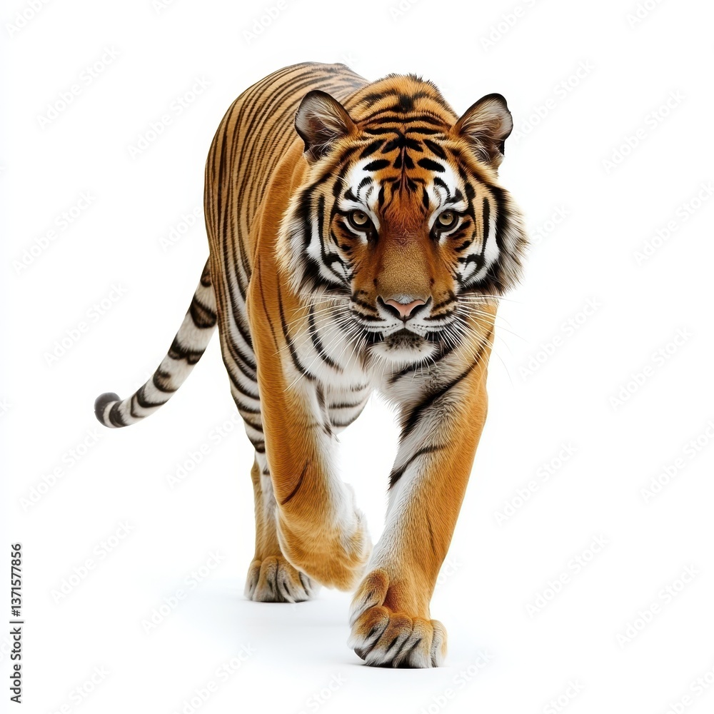 Obraz premium Majestic Tiger Walking Gracefully Across a White Background