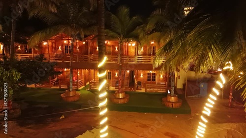 Aerial Shot Wooden Resort Glow with Balconies Decor in Goa