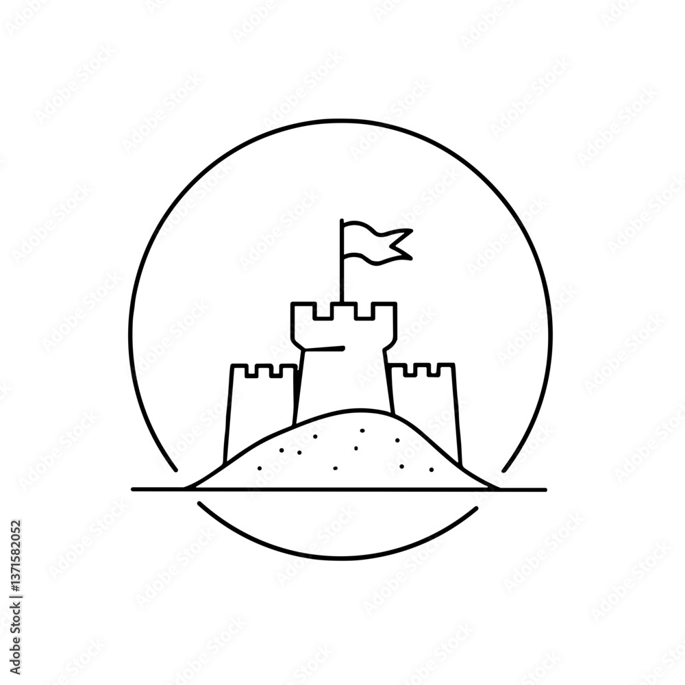 Sandcastle illustration with flag against a circular background Sandcastle illustration with flag against a circular background