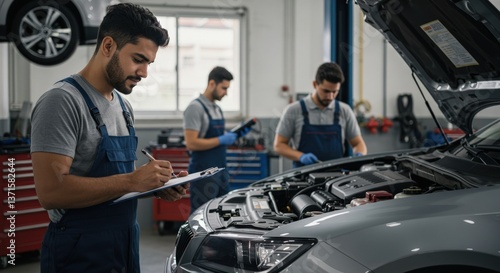 A young Hispanic male mechanic wearing gloves and work overalls meticulously inspects a vehicle in an auto repair shop, demonstrating attention to detail and technical skills in automotive maintenance