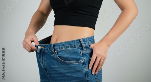 A young adult Asian woman proudly displays her loose-fitting denim jeans after a successful weight loss journey, showcasing confidence and health transformation.