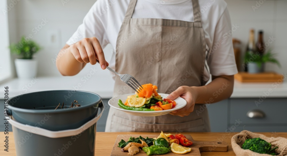 A young adult female in an apron preparing a plate of fresh vegetables in a bright kitchen, actively composting food scraps for sustainability and environmental care. A young adult female in an apron preparing a plate of fresh vegetables in a bright kitchen, actively composting food scraps for sustainability and environmental care.