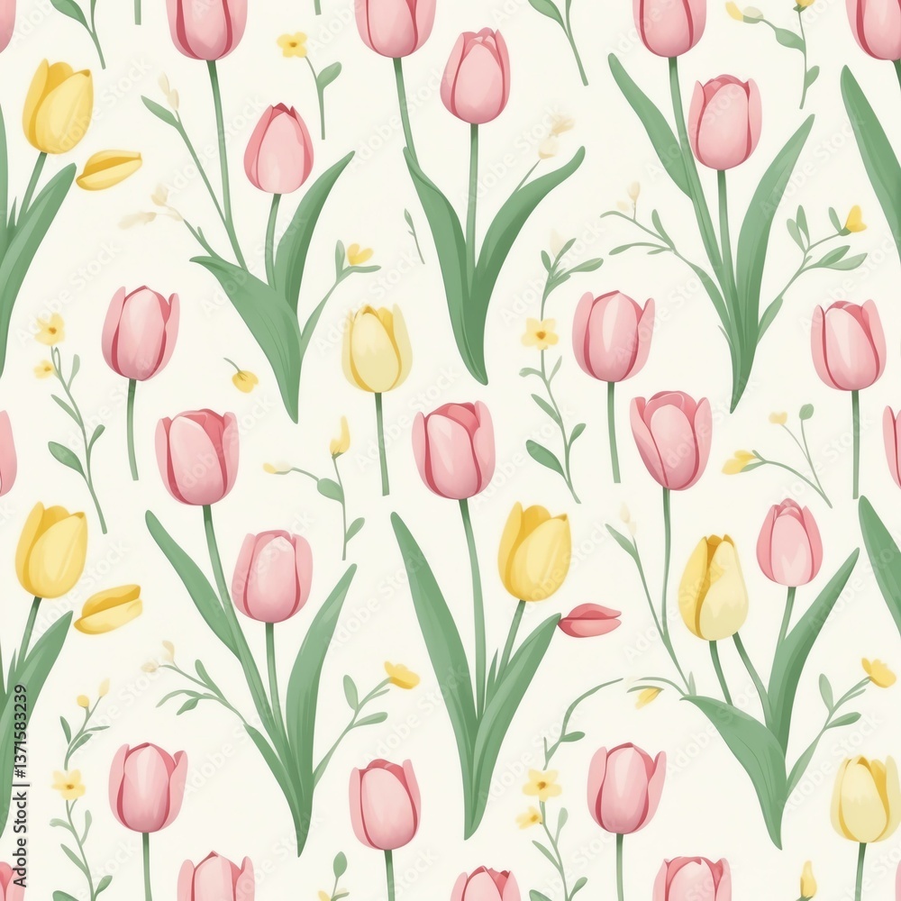 Obraz premium A beautiful floral pattern featuring vibrant tulips in shades of pink and yellow with delicate greenery, perfect for spring-themed designs.