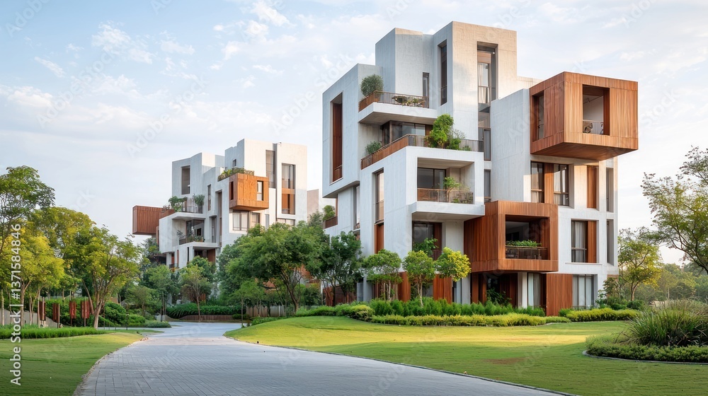 Modern apartment complex nestled in lush greenery. Unique architectural design features Modern apartment complex nestled in lush greenery. Unique architectural design features