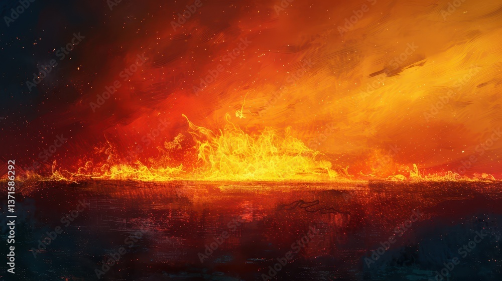 Naklejka premium Dramatic Sunset over Ocean with Fiery Orange and Red Sky Effects