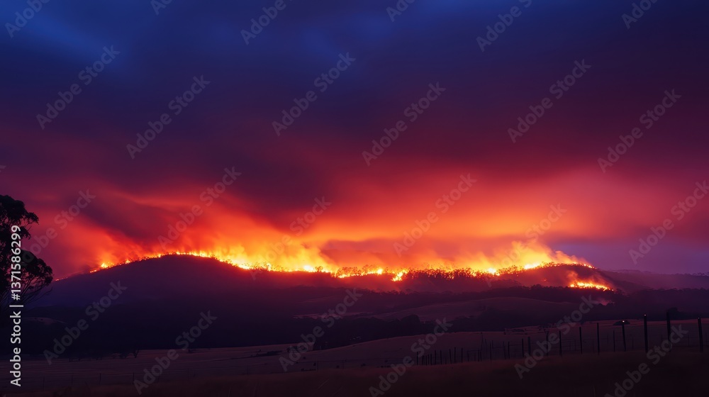 Fototapeta premium Dramatic Sunset Over Mountain Landscape with Wildfire Flames