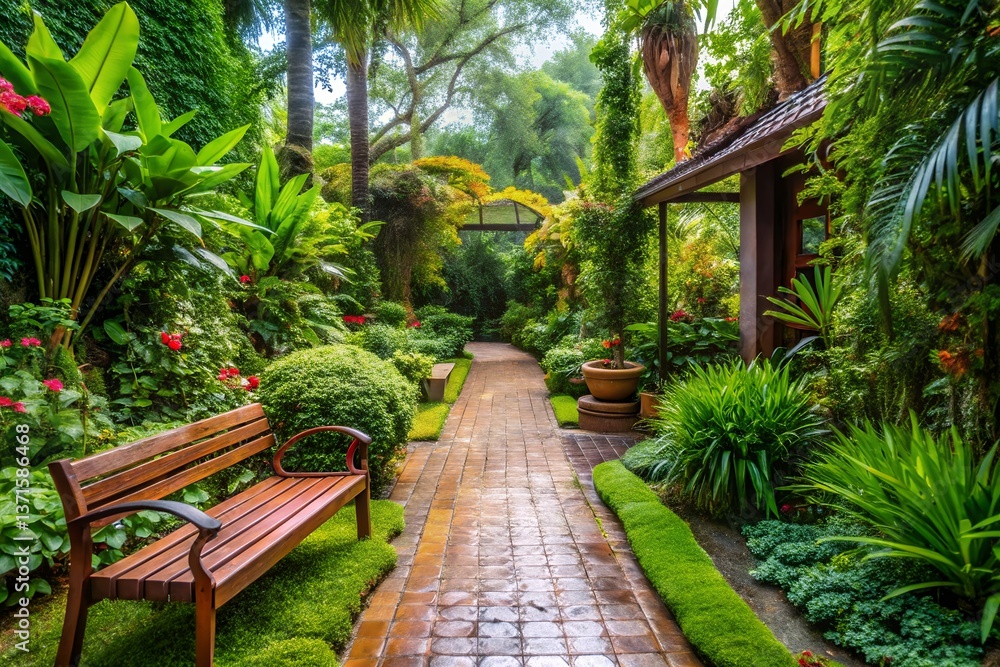 Tranquil garden path inviting quiet contemplation amidst lush tropical foliage and a wooden bench, bathed in soft sunlight. Tranquil garden path inviting quiet contemplation amidst lush tropical foliage and a wooden bench, bathed in soft sunlight.