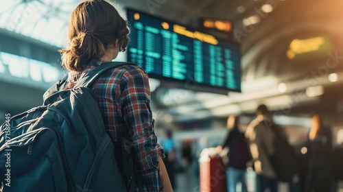Traveler at Airport with Backpack, Focused on Flight Information Board, Casual Attire, Blurry Passengers in Background, Busy Airport Atmosphere