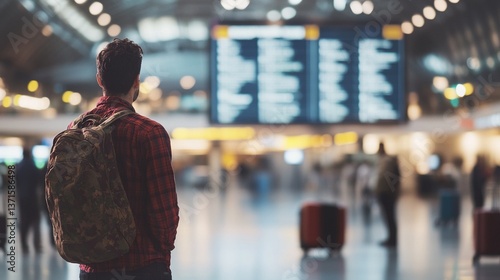 Man standing at airport terminal, gazing at large digital screen showing immigration policies, amidst bustling crowd and luggage, highlighting importance of travel regulations and border control infor