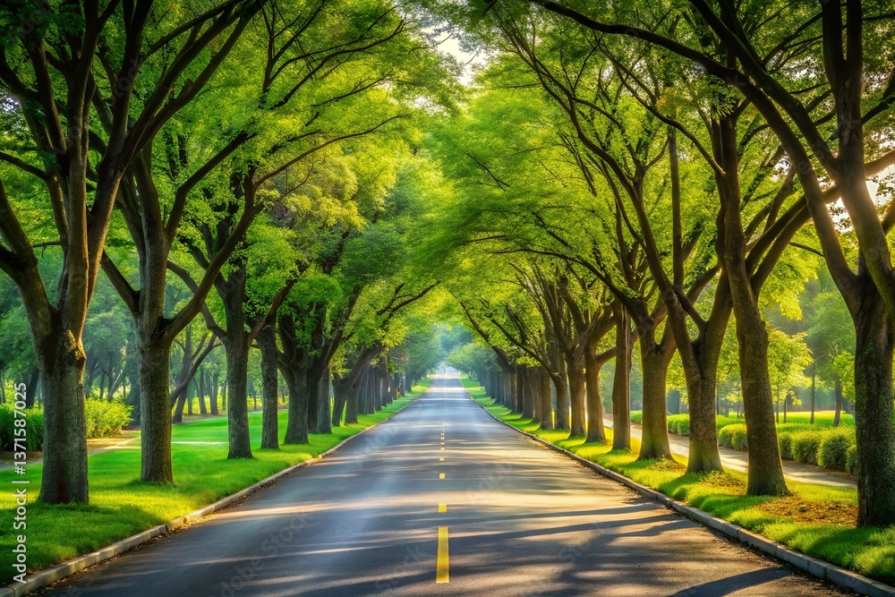 A sun-dappled path winds through a vibrant green tunnel of trees, creating a serene and peaceful atmosphere with warm sunlight and a tranquil landscape. A sun-dappled path winds through a vibrant green tunnel of trees, creating a serene and peaceful atmosphere with warm sunlight and a tranquil landscape.