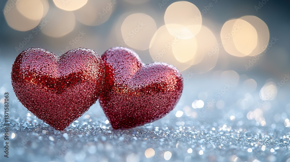 Fototapeta premium Creating a romantic atmosphere perfect for Valentine's Day, wedding, or anniversary celebrations, two red glitter hearts lie on a sparkling white surface.