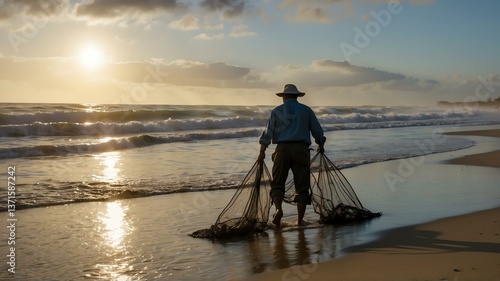 A serene moment captured as a man stands at the beach, holding a fishing net, with the sun setting over the waves, embodying the tranquility of coastal life.