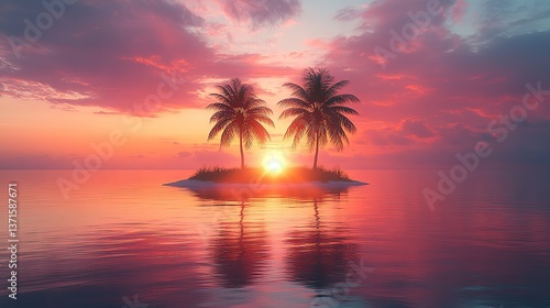 Creating a serene and idyllic scene, two palm trees grow on a small tropical island in the middle of a calm ocean during a beautiful pink and orange sunset.