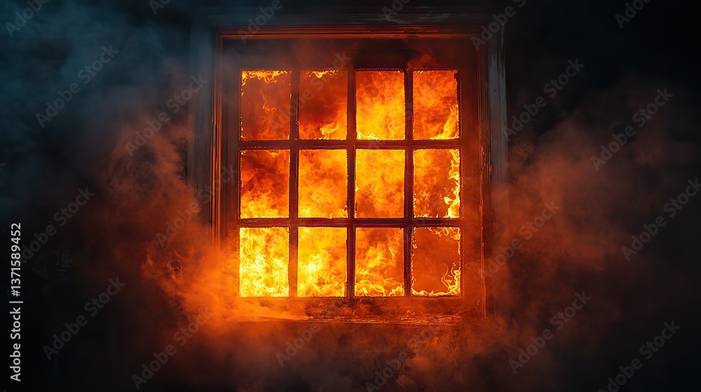 Fototapeta premium During a fierce house fire, smoke rapidly fills a room, with orange flames reflecting in a window's glass, creating a scene of danger and urgency.