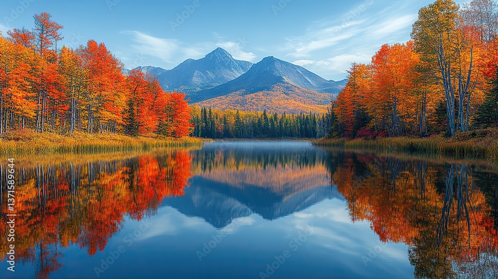 Obraz premium Early morning light illuminates a tranquil lake reflecting colorful autumn foliage and majestic mountains, creating a serene and picturesque landscape.
