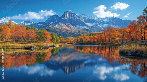Early morning light illuminates a tranquil lake reflecting colorful autumn foliage and majestic mountains, creating a serene and picturesque landscape.