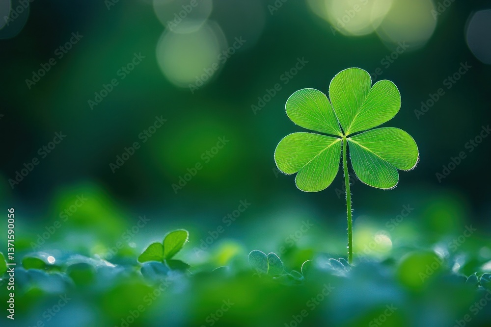 Four Leaf Clover Close-Up in Green Meadow for St. Patricks Day Holiday and Nature Background