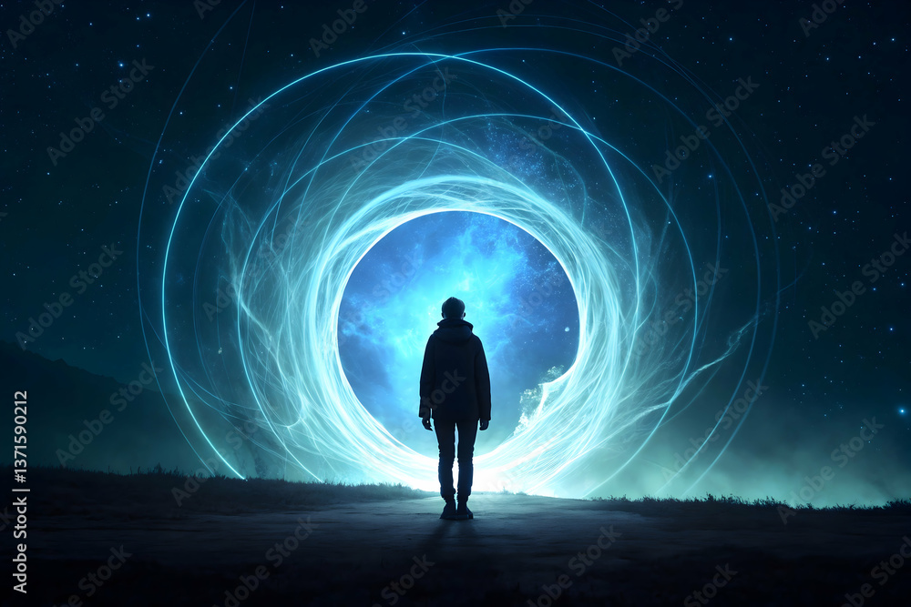 A mysterious silhouette of a person standing in front of a glowing energy portal, surrounded by swirling blue light trails,Human figure standing in a radiant light source surrounded by a digital atmos A mysterious silhouette of a person standing in front of a glowing energy portal, surrounded by swirling blue light trails,Human figure standing in a radiant light source surrounded by a digital atmos