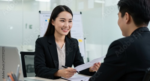 Professional Interview between a Young Asian Woman and a Young Asian Man in a Corporate Setting, Demonstrating Effective Communication Skills and Engagement in the Workplace