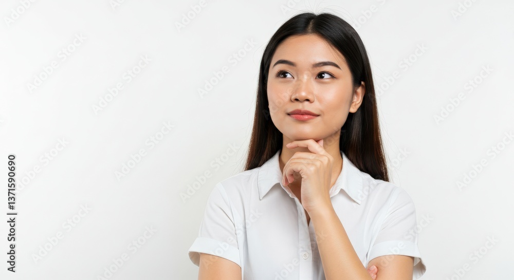 Thoughtful Young Asian Woman With Long Hair Considering Ideas, Against a Simple White Background, Expressing Curiosity and Contemplation Thoughtful Young Asian Woman With Long Hair Considering Ideas, Against a Simple White Background, Expressing Curiosity and Contemplation