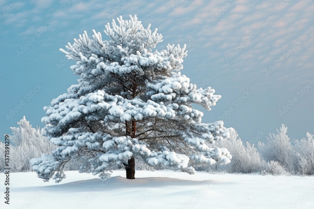 Snowy Pine Tree in Winter Landscape with Christmas Decorations and Lights Snowy Pine Tree in Winter Landscape with Christmas Decorations and Lights
