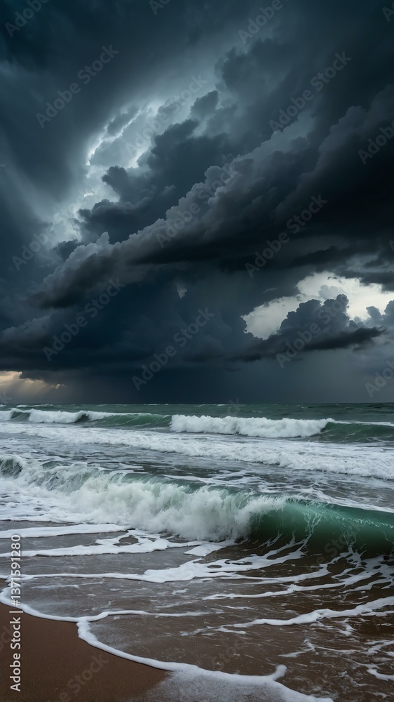 Obraz premium Dark storm clouds loom over the turbulent ocean waves, creating a dramatic scene of nature's power and beauty on a moody beach landscape.