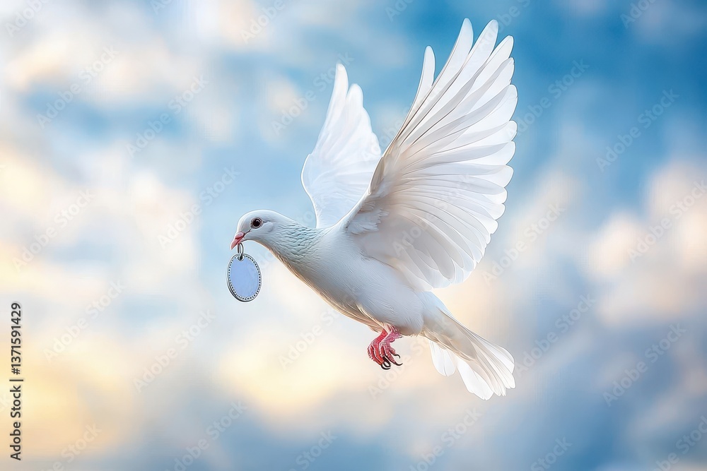 Dove carrying a message in flight against a blue and cloudy sky, symbolizing peace and communication. Dove carrying a message in flight against a blue and cloudy sky, symbolizing peace and communication.