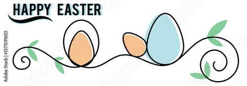 One continuous line drawing of rabbit ears and an egg. Happy Easter, minimalist banner. Editable stroke, simple doodle design. Funny spring holiday symbol, Easter egg hunt concept, Easter bunny rabbit