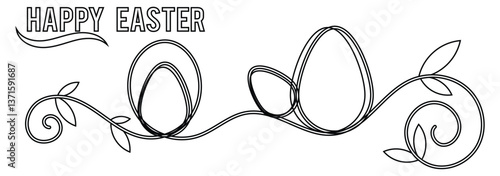 Easter bunny rabbit with Liner egg one continuous line vector. Funny spring holiday symbol, Easter egg hunt concept. Happy Easter liner with easter eggs. Illustration vector. Beautiful Easter eggs. 