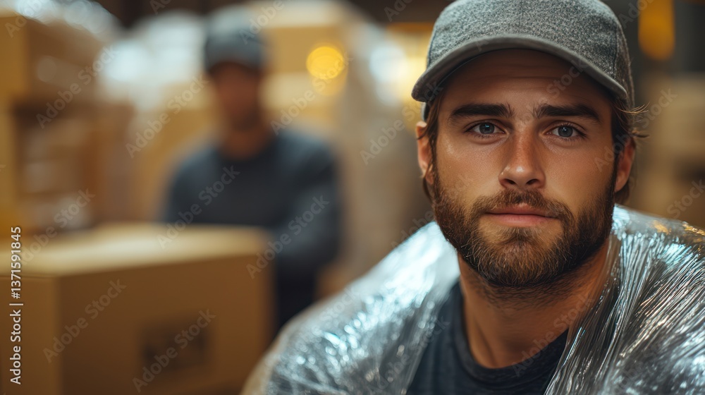 Workers preparing furniture and belongings for moving day; man wrapping armchair in protective plastic film as colleague carries cardboard boxes in background Workers preparing furniture and belongings for moving day; man wrapping armchair in protective plastic film as colleague carries cardboard boxes in background