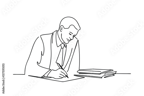 Focused Businessman Writing Documents at Desk, Single Line Drawing