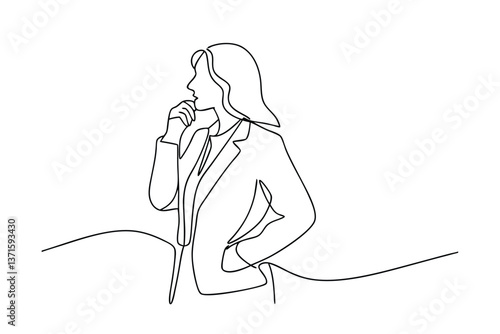 Thoughtful Businesswoman Contemplating Strategy, One Line Drawing, Minimalist Art