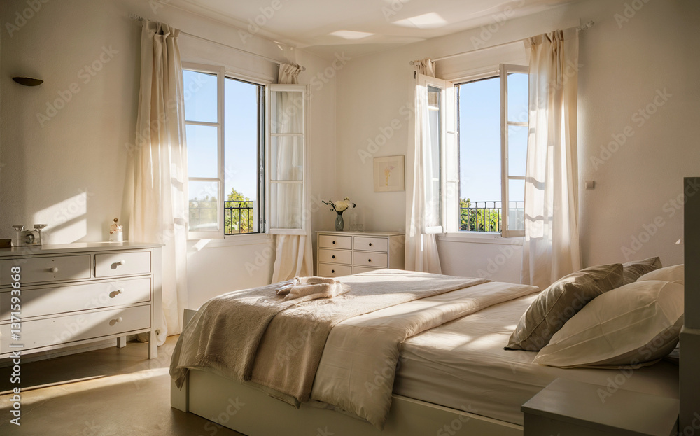 Sunlit Bedroom with French Doors and Tranquil View Offers Peaceful Retreat Sunlit Bedroom with French Doors and Tranquil View Offers Peaceful Retreat