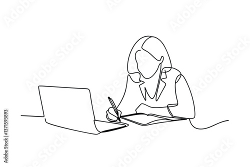 Woman working on laptop, single line drawing, minimalist design, professional, office, technology, di