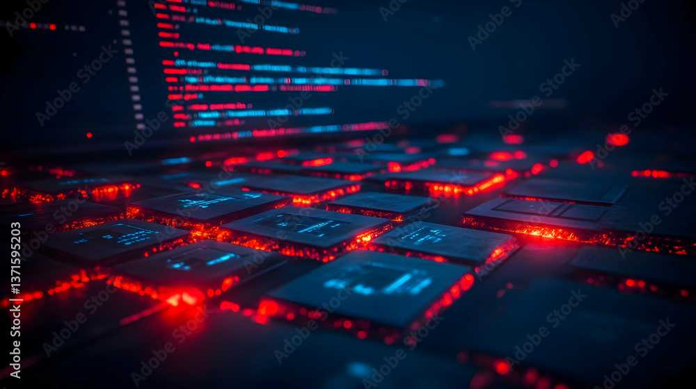 Obraz premium Abstract 3D Rendering of Glowing Circuit Board With Data Code Display