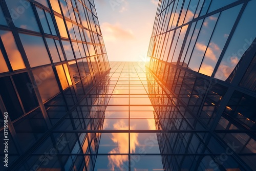 Glass corporate building with atrium interior, reflections, warm natural lighting, elegant, premium stock photography