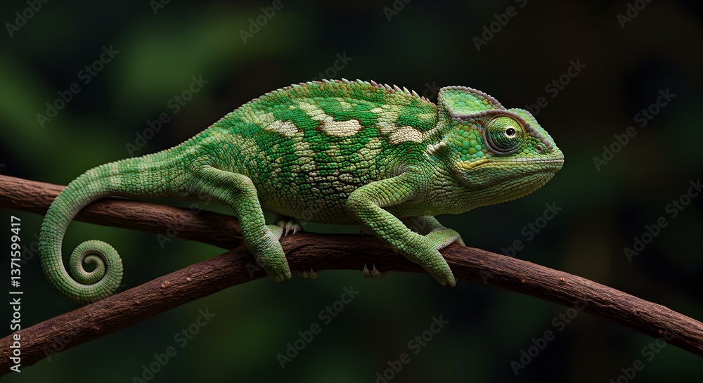 Emerald Gaze: A Vibrant Chameleon on a Branch in Natural Habitat Close Up Emerald Gaze: A Vibrant Chameleon on a Branch in Natural Habitat Close Up