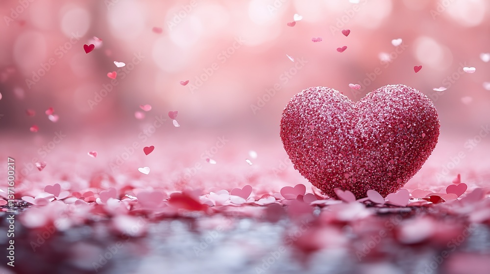 Obraz premium Hearts and confetti fall against soft pink in a Valentine's Day background, creating a romantic atmosphere.