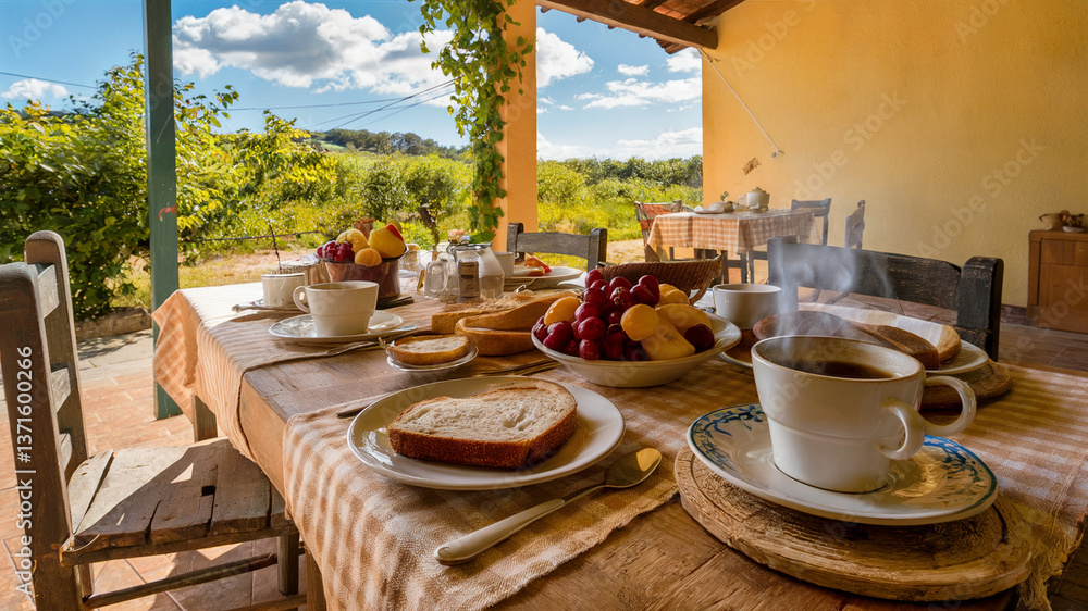 Fototapeta premium Rustic outdoor breakfast enjoying fresh bread fruit and tea overlooking a scenic vineyard