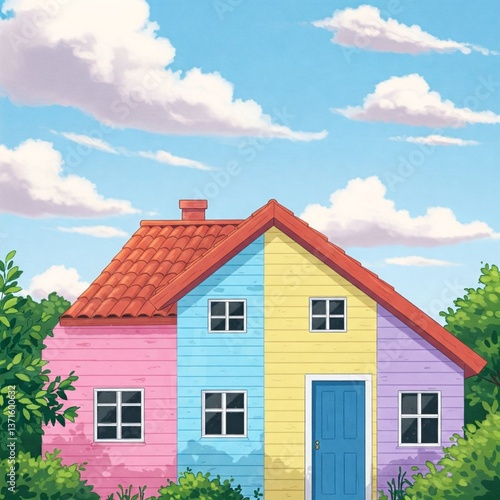Wallpaper Mural A charming pastel-colored house with a red-tiled roof stands amidst lush greenery under a bright blue sky with fluffy clouds Torontodigital.ca