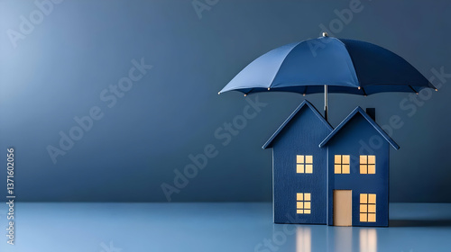 Blue House Under Umbrella Symbolizing Protection Against Risk Photo