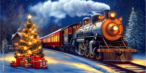 Christmas Illustration Of A Festive Train Passing Through Snowy Winter Night