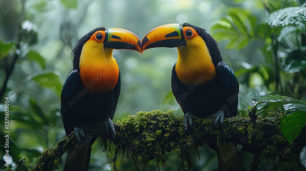 Obraz premium In a misty, lush rainforest, two keel-billed toucans perch on a mossy branch, showcasing their vibrant beak and feather colors amidst green foliage.