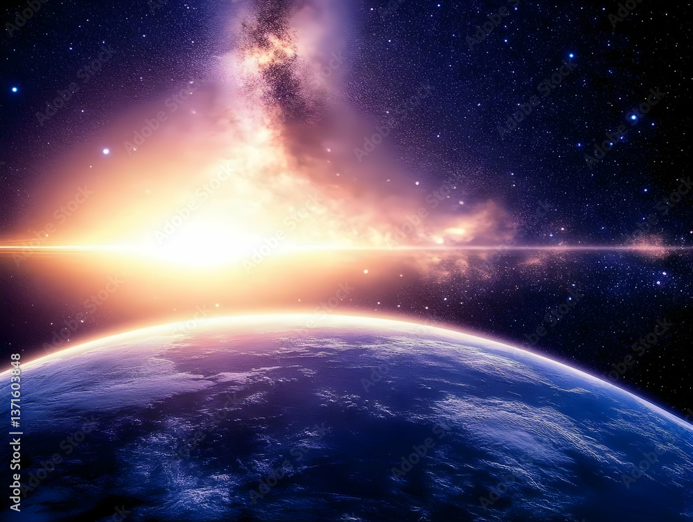 Cosmic Planet Illustration with Starry Sky and Glowing Light Cosmic Planet Illustration with Starry Sky and Glowing Light