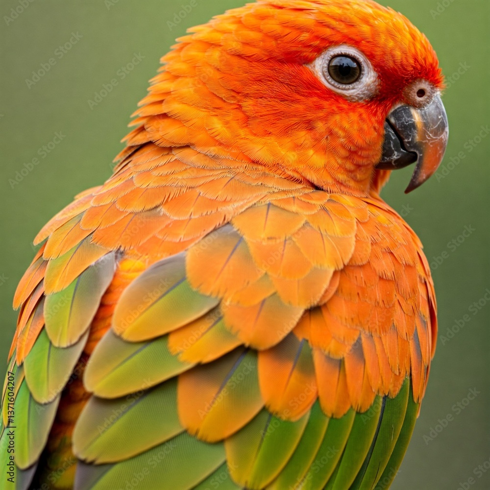 Fototapeta premium The image shows an orange parakeet with small green lines on its back, generative Ai