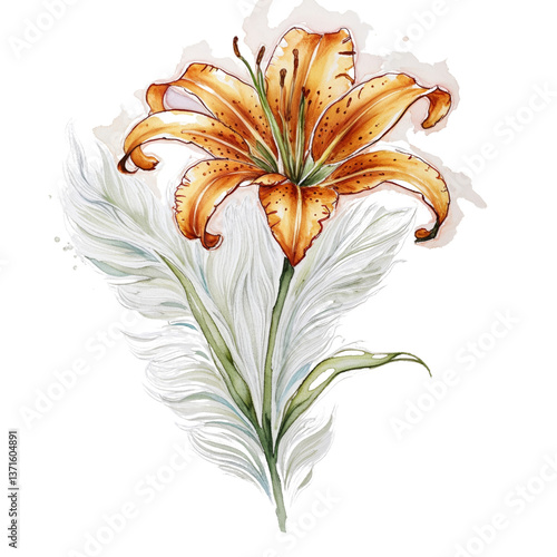 Watercolor Orange Lily Flower with White Feather – Elegant Botanical Floral Illustration