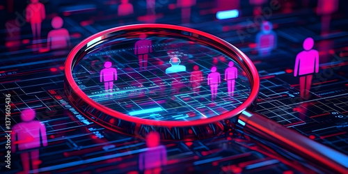 Digital Magnifying Glass Zooming on People in a Tech Network Illustration