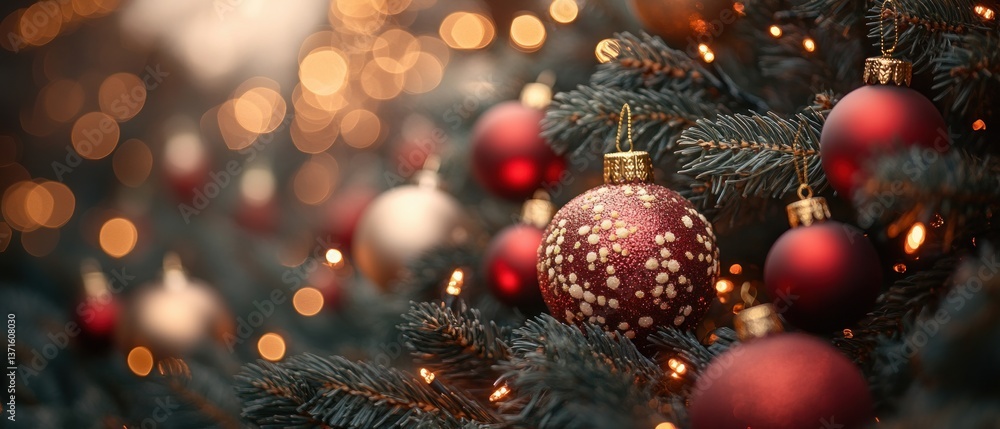 Vibrant Christmas Tree with Golden and Red Ornaments and Soft Lights for Winter Holiday Celebration Vibrant Christmas Tree with Golden and Red Ornaments and Soft Lights for Winter Holiday Celebration